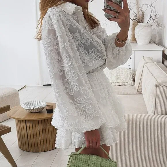 White Casual Minimalist Women's Fuzzy Cardigan And Shorts Set